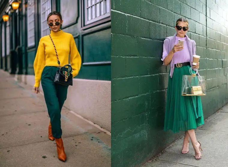 Duas inspirações de looks com verde, aprendendo como combinar cores de roupas