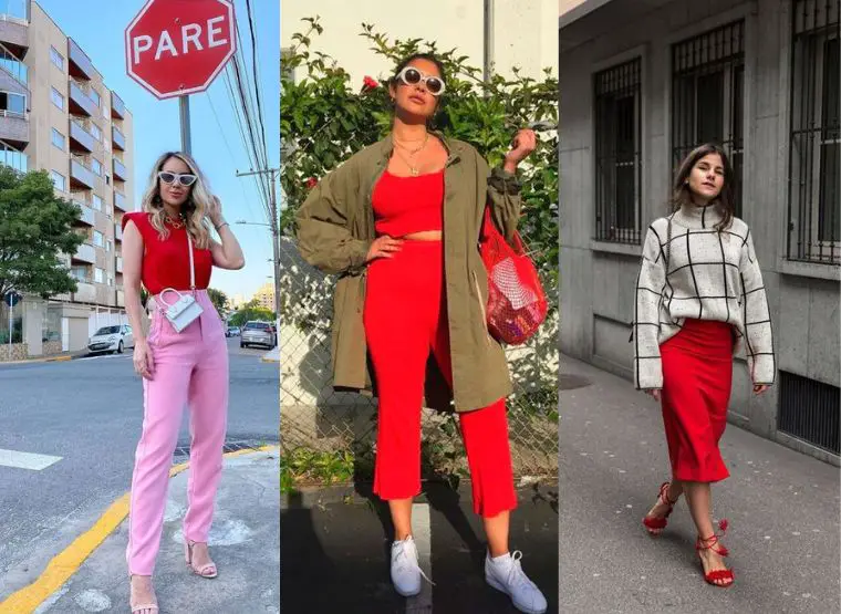 Três mulheres com looks diferentes combinando cores de roupas vermelha