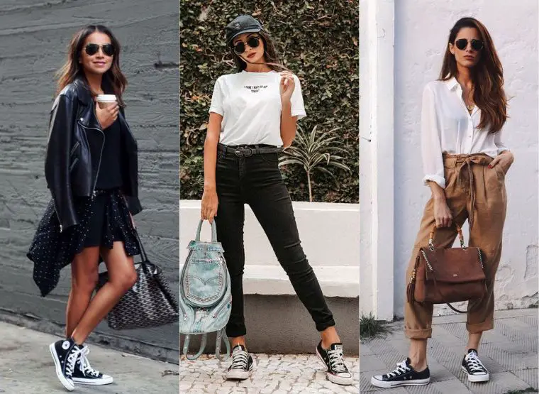 3 fotos de mulheres usando all star preto, com estilos diferentes de roupas