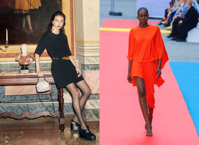 A direita, modelo desfilando na passarela com vestido vermelho. A esquerda, modelo escorada em aparador com vestido preto.