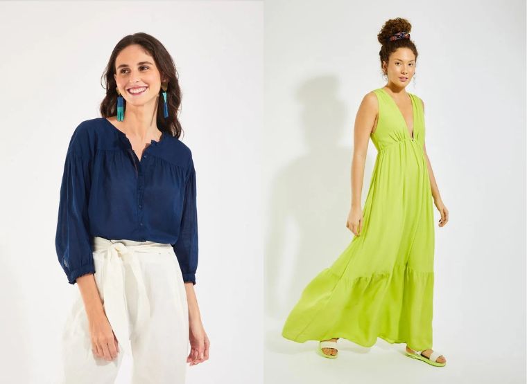 Modelos sorrindo usando roupas da marca cantão, de um lado blusa azul e calça branca, do outro lado vestido soltinho verde limão.