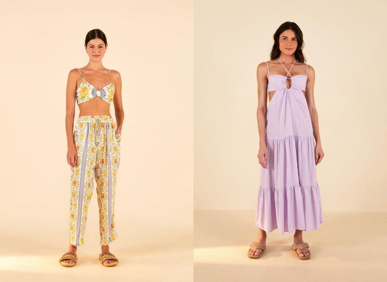 Foto de modelos usando roupas da marca Farm, conjunto colorido de um lado, e do outro vestido lilás soltinho.