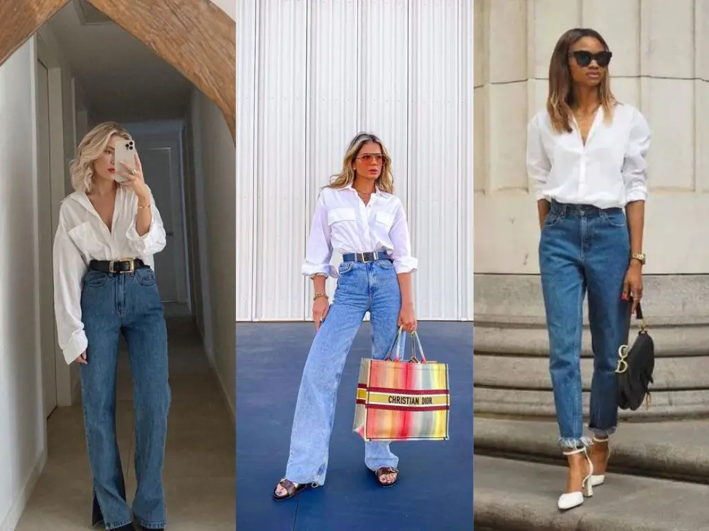 Inspirações de três mulheres usando camisa branca com calça jeans