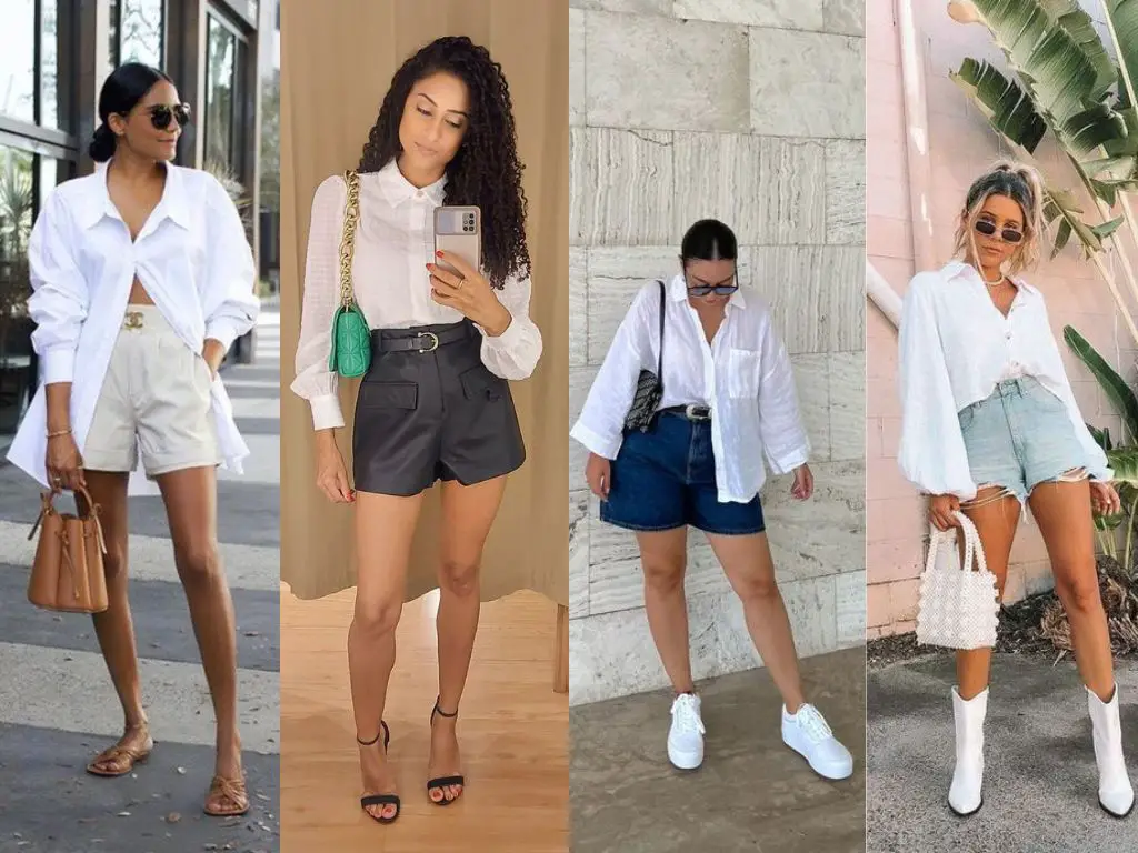 Inspirações de quatro mulheres usando camisa branca social com shorts de vários modelos e tecidos