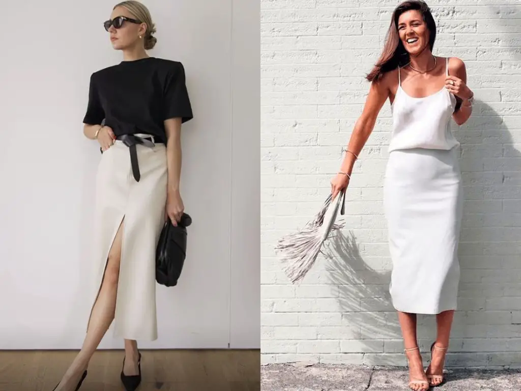 Duas mulheres com roupas minimalistas, uma com saia off white combinando com blusa preta, e outra com vestido branco