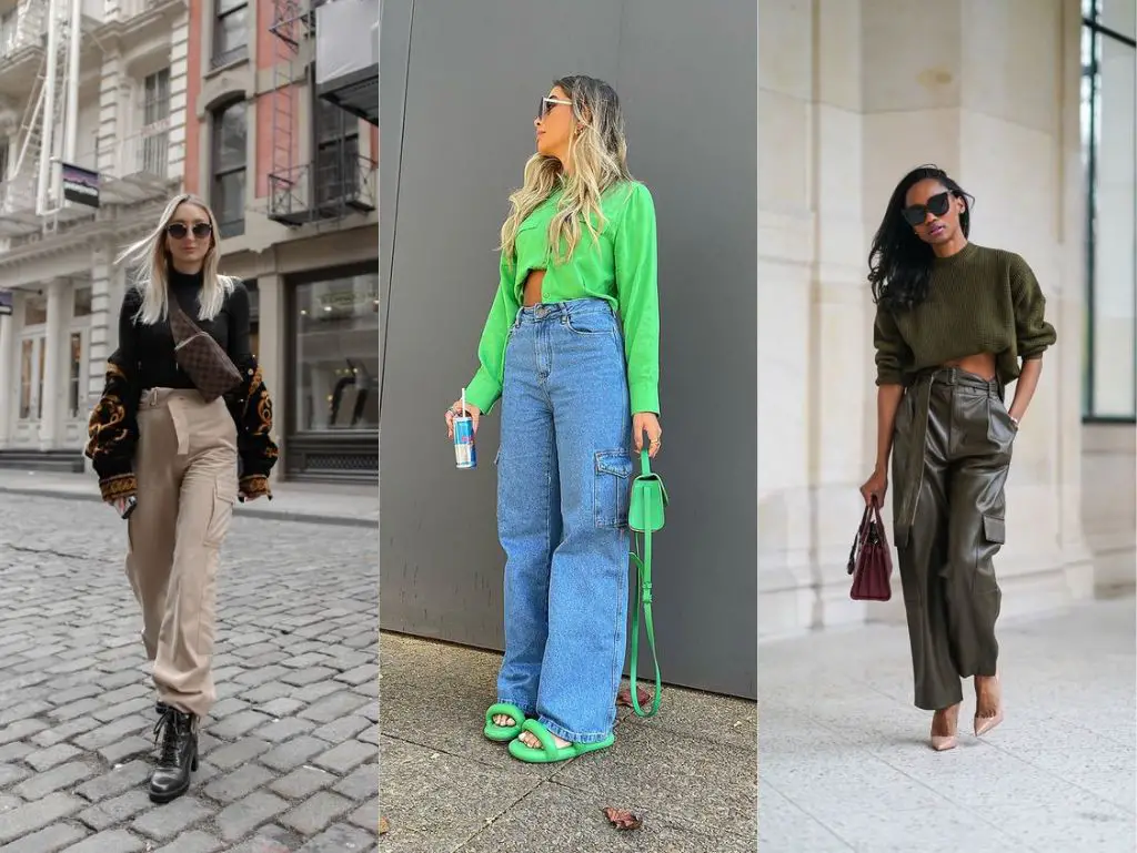 Ideias de looks com calça cargo em tecidos diferentes: alfaiataria, jeans e couro