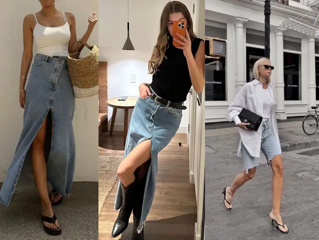 mulheres vestindo saias jeans e short largos