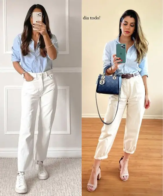 Um look casual e um look elegante com camisa azul com calça branca
