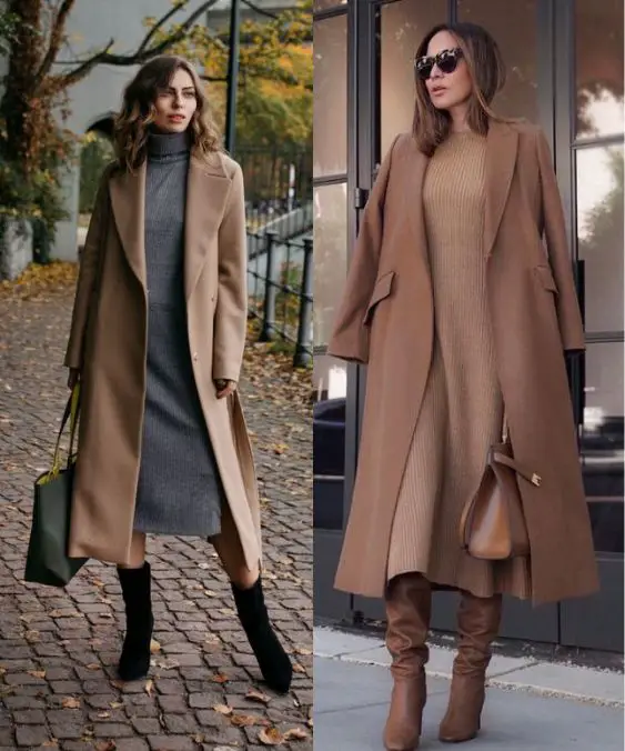Exemplos de de vestido canelado e casaco alongado