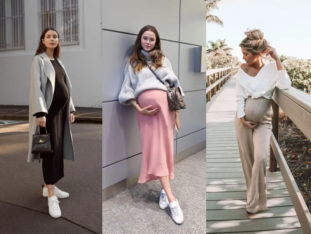 Três ideias de looks para gravidas com vestido, saia e calça