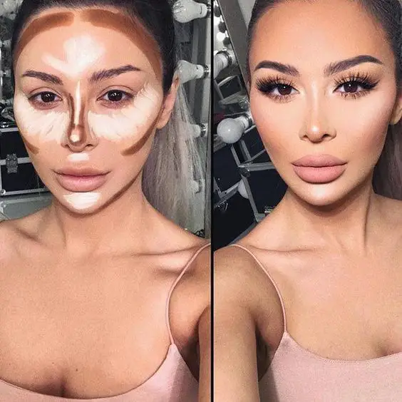 mulher mostrando antes e depois de uma maquiagem bem feita